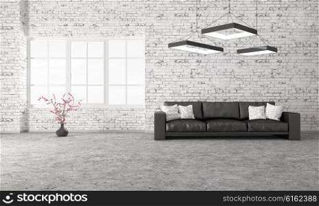 Modern interior of living room with sofaon concrete floor against of brick wall 3d rendering