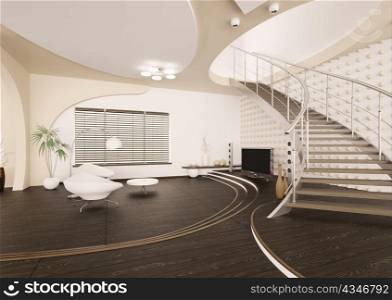 Modern interior of living room with staircase 3d render