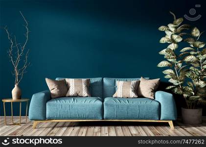 Modern interior of living room with turquoise sofa, home plant and vase with branch against blue wall 3d rendering