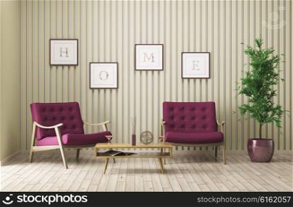 Modern interior of living room with two armchairs, coffee table and plant 3d render