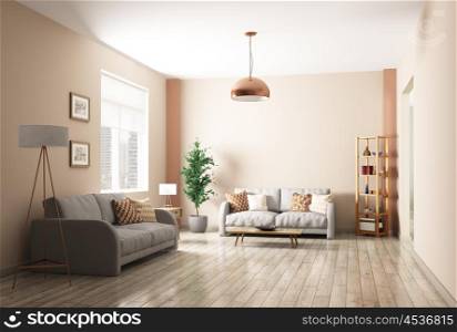 Modern interior of living room with two gray sofas 3d rendering
