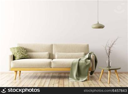 Modern interior of living room with velours sofa, wooden coffee table and lamp 3d rendering