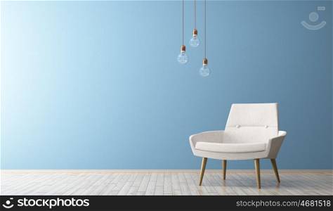 Modern interior of living room with white armchair and light bulbs 3d rendering