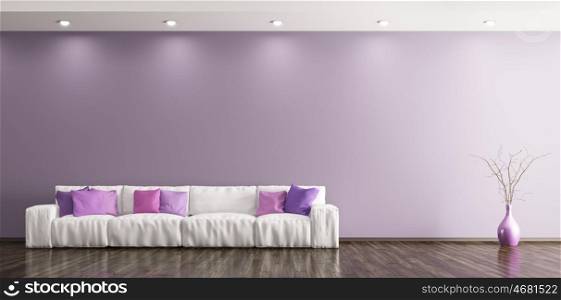 Modern interior of living room with white sofa and vase against of purple wall panorama 3d rendering