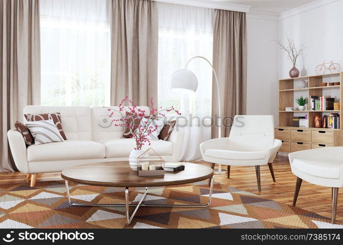 Modern interior of living room with white sofa, armchairs  and coffee table 3d rendering