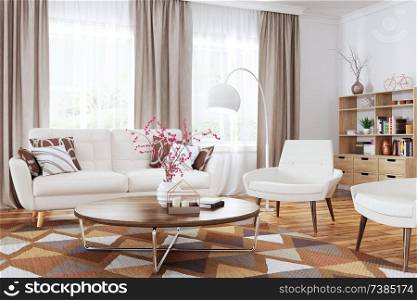 Modern interior of living room with white sofa, armchairs  and coffee table 3d rendering