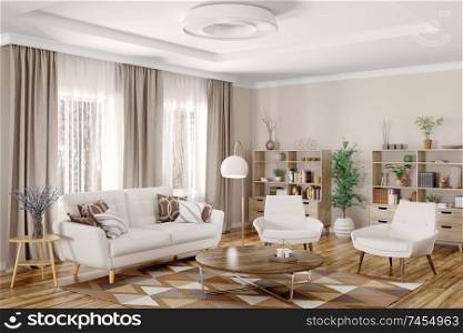 Modern interior of living room with white sofa, armchairs and coffee table 3d rendering