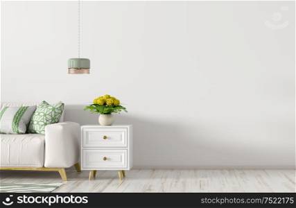 Modern interior of living room with white sofa, cabinet and light against white wall with copy space 3d rendering