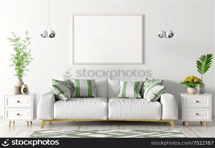 Modern interior of living room with white sofa, chests, poster and lights over white wall 3d rendering