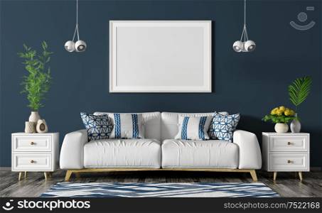 Modern interior of living room with white sofa, chests,poster and lights over blue wall 3d rendering