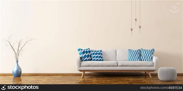 Modern interior of living room with white sofa, knitted pouf, vase and bulbs panorama 3d rendering