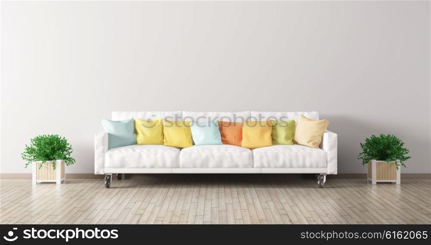 Modern interior of living room with white sofa, multicolored cushions and plants 3d render