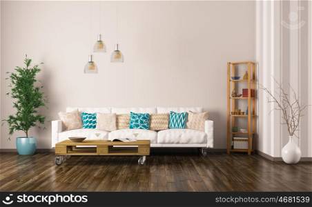 Modern interior of living room with white sofa, pallet table, plant and shelf 3d rendering