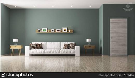 Modern interior of living room with white sofa, shelf, side tables ,door 3d rendering