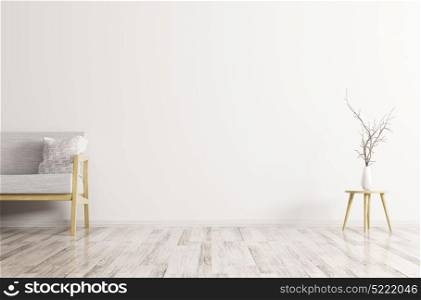 Modern interior of living room with white sofa, vase with branch 3d rendering