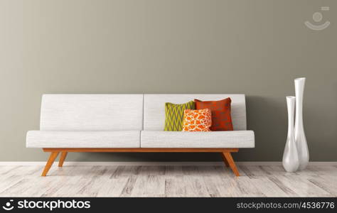 Modern interior of living room with white sofa, vibrant cushions and two vases 3d rendering