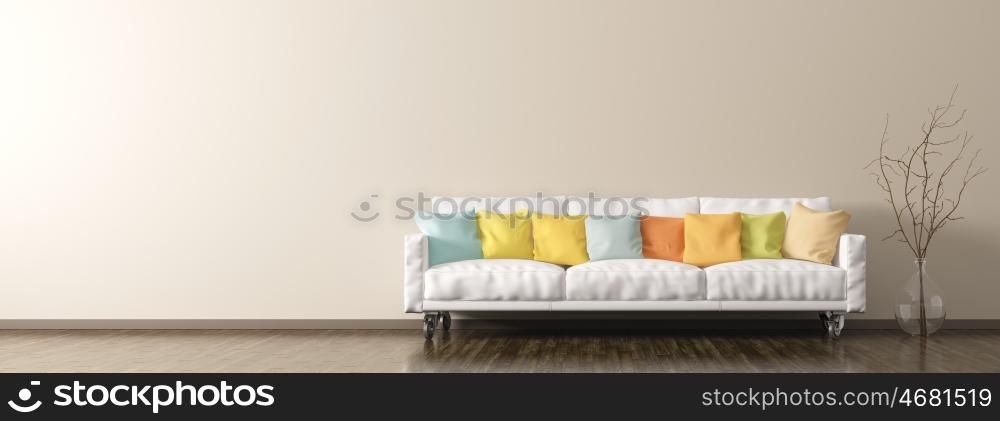 Modern interior of living room with white sofa, vibrant cushions and vase with branch panorama 3d rendering
