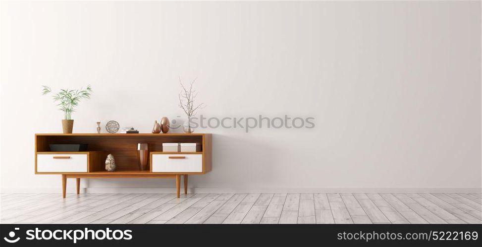 Modern interior of living room with wooden cabinet 3d rendering