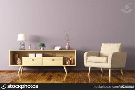 Modern interior of living room with wooden cabinet and armchair 3d rendering