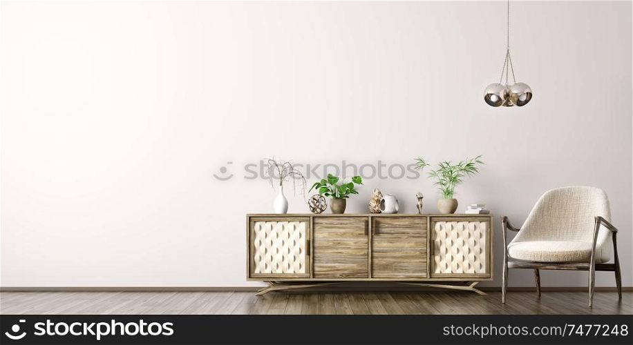 Modern interior of living room with wooden cabinet and armchair 3d rendering