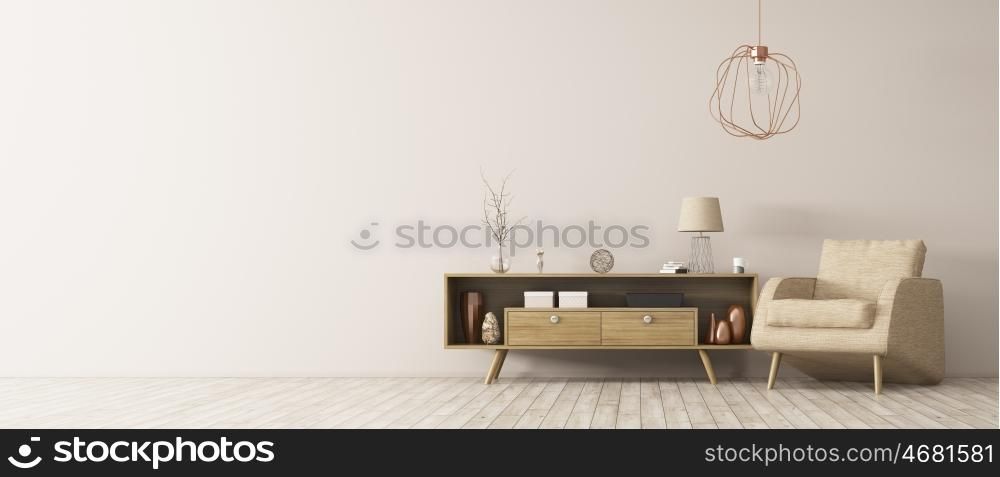 Modern interior of living room with wooden cabinet and armchair panorama 3d rendering