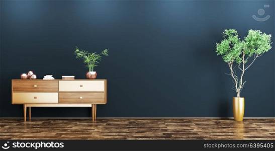 Modern interior of living room with wooden cabinet and plant 3d rendering