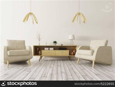 Modern interior of living room with wooden cabinet and two armchairs 3d rendering