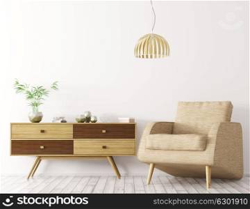 Modern interior of living room with wooden cabinet, armchair and lamp over white wall 3d rendering