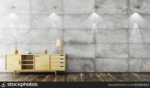 Modern interior of living room with wooden cabinet over tiled concrete wall 3d rendering