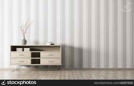 Modern interior of living room with wooden chest of drawers over striped wallpaper wall 3d rendering