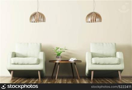 Modern interior of living room with wooden coffee table and two armchairs 3d rendering