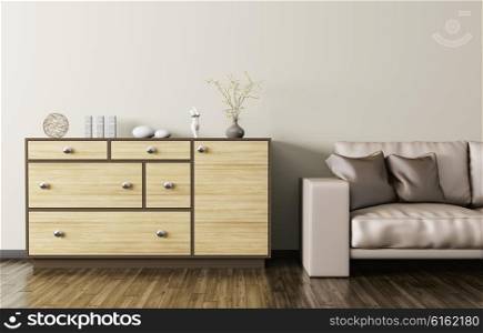 Modern interior of living room with wooden dresser and beige leather sofa 3d rendering