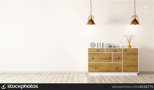 Modern interior of living room with wooden dresser and lamps 3d rendering