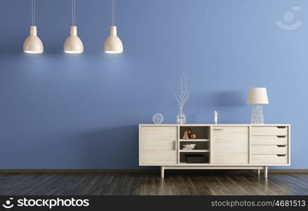 Modern interior of living room with wooden dresser and lamps 3d rendering