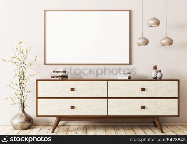 Modern interior of living room with wooden dresser and mock up poster 3d rendering
