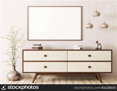 Modern interior of living room with wooden dresser and mock up poster 3d rendering