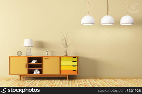 Modern interior of living room with wooden dresser and three lamps 3d rendering