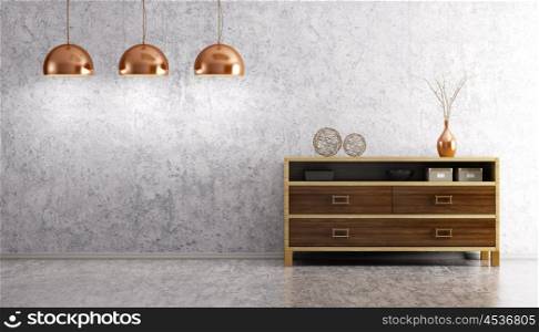 Modern interior of living room with wooden dresser and three lamps over concrete wall 3d rendering