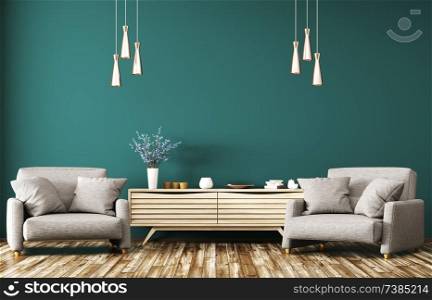 Modern interior of living room with wooden dresser and two gray armchairs 3d rendering