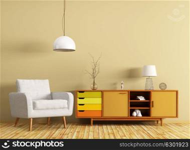 Modern interior of living room with wooden dresser and white armchair 3d rendering