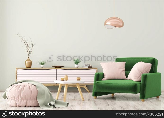Modern interior of living room with wooden dresser, brown armchair and ottoman over green wall 3d rendering