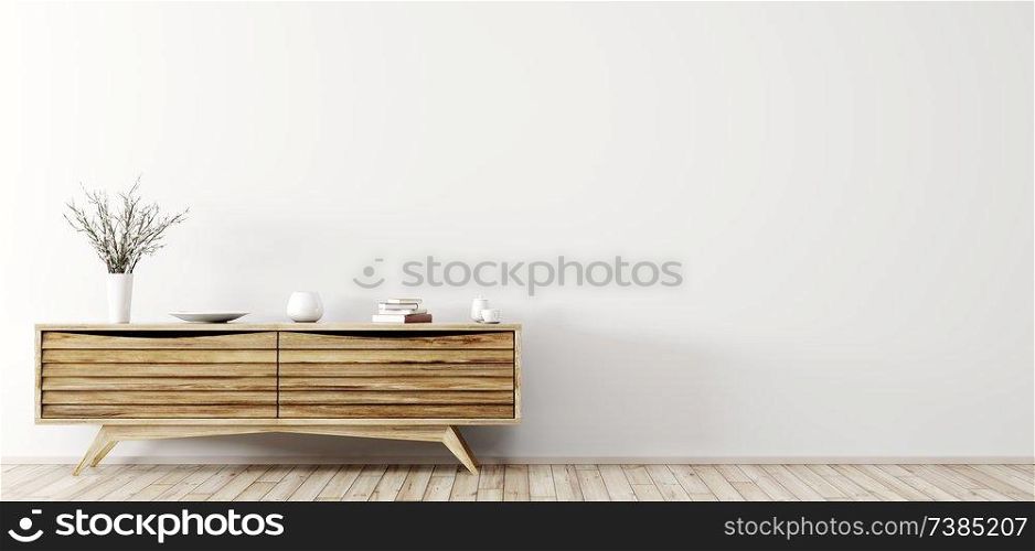 Modern interior of living room with wooden dresser over white wall panorama 3d rendering