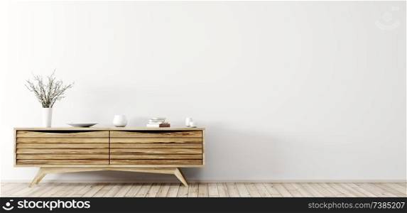 Modern interior of living room with wooden dresser over white wall panorama 3d rendering
