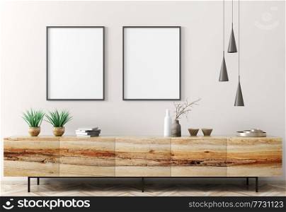 Modern interior of living room with wooden dresser over white wall with mockup posters, home design 3d rendering