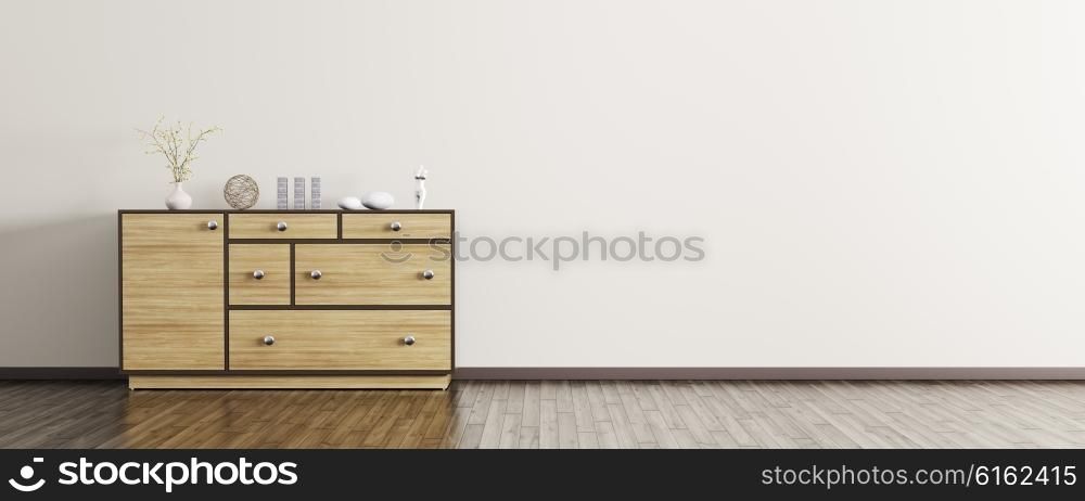 Modern interior of living room with wooden dresser panorama 3d rendering
