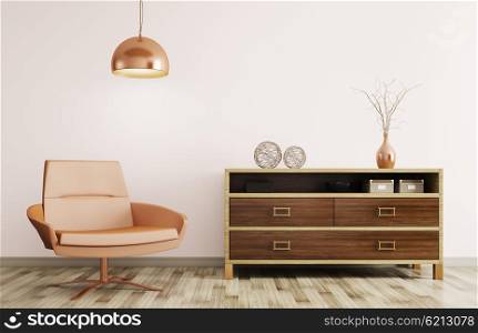 Modern interior of living room with wooden dresser, recliner chair and lamp 3d rendering