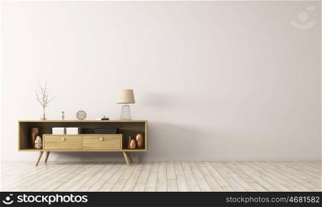 Modern interior of living room with wooden sideboard 3d rendering