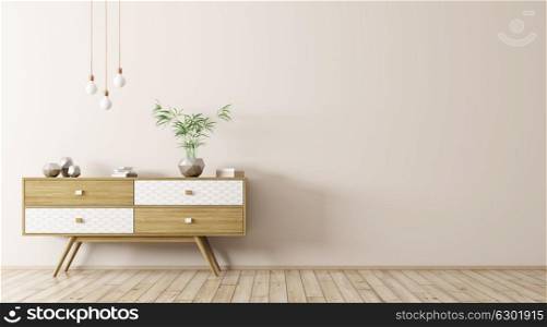 Modern interior of living room with wooden sideboard and light bulbs over beige wall 3d rendering