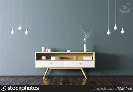 Modern interior of living room with wooden sideboard and light bulbs over blue wall 3d rendering