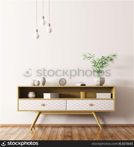 Modern interior of living room with wooden sideboard and light bulbs over white wall 3d rendering